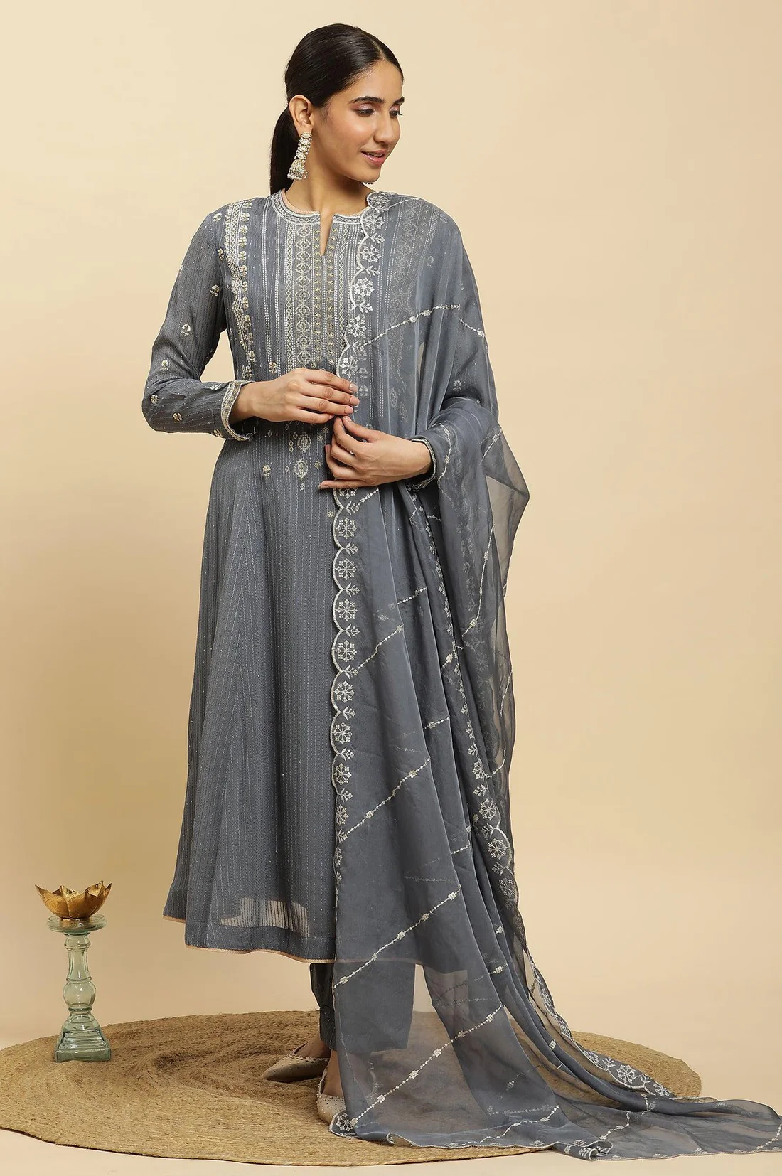 Light Grey Heavy Embroidered Anarkali Kurta